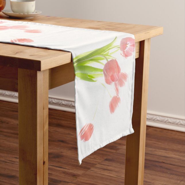 Retro pink tulip flower white flower table runner (In Situ)