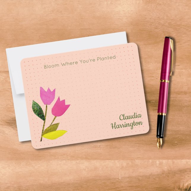 Retro Pink Tulips Pastel Peach Hand-Illustrated Note Card (These pink tulips are elegant against a soft peach background. Your name goes in cute retro script.
)