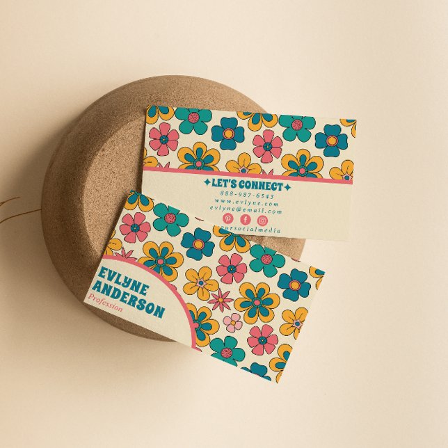 Retro Pink Turquoise Groovy Floral Boho Girly  Business Card (Creator Uploaded)