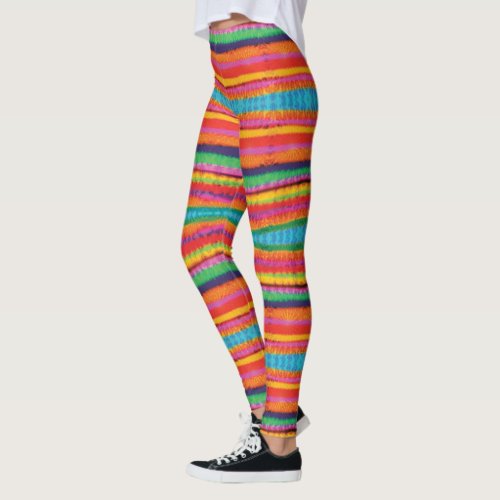 Retro Pink Turquoise Yellow Tie Dye Stripes Leggings