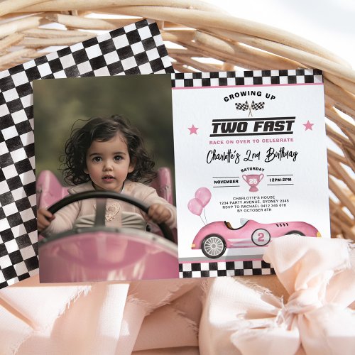 Retro Pink Two Fast Race Car 2nd Birthday Photo Invitation
