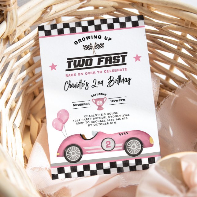 Retro Pink Two Fast Race Car Girl 2nd Birthday Invitation (Creator Uploaded)