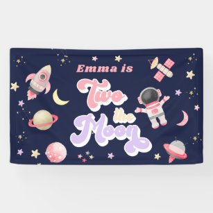 Retro Pink Two the Moon Space Birthday   Banner