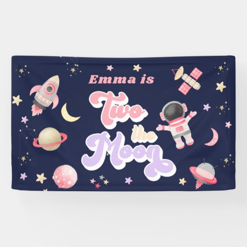 Retro Pink Two the Moon Space Birthday   Banner