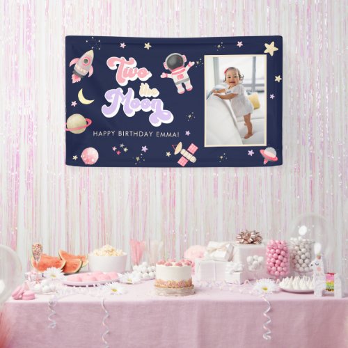 Retro Pink Two the Moon Space Birthday  Banner