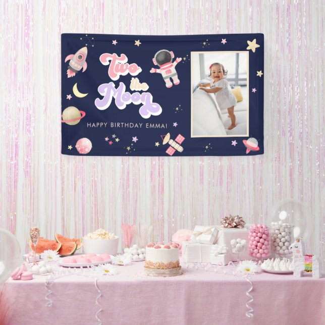 Retro Pink Two the Moon Space Birthday  Banner (Party)