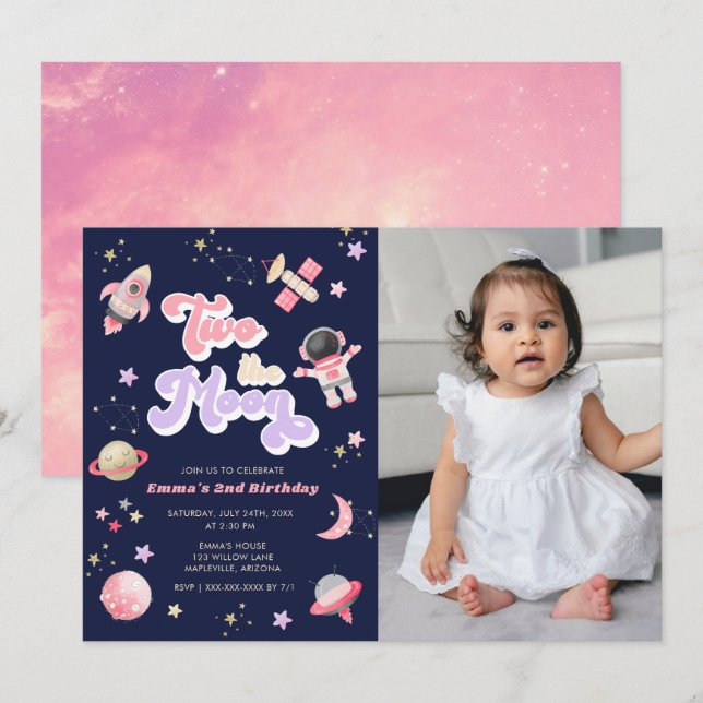 Retro Pink Two the Moon Space Birthday Invitation (Front/Back)