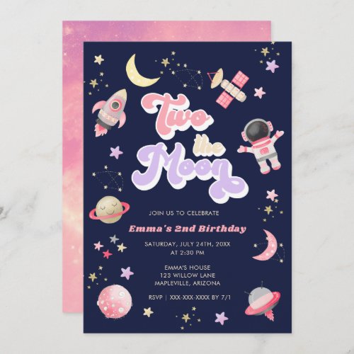 Retro Pink Two the Moon Space Birthday   Invitation