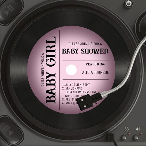 Retro Pink Vignette Vinyl Record Girl Baby Shower Invitation