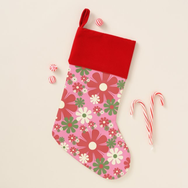 Retro Pink Vintage Floral Christmas Pattern Stocking (Front)