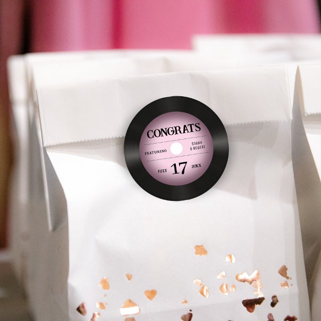 Retro Pink Vinyl Record Wedding Congratulations Classic Round Sticker (Retro Pink Vinyl Record Wedding Congratulations Classic Round Sticker
)