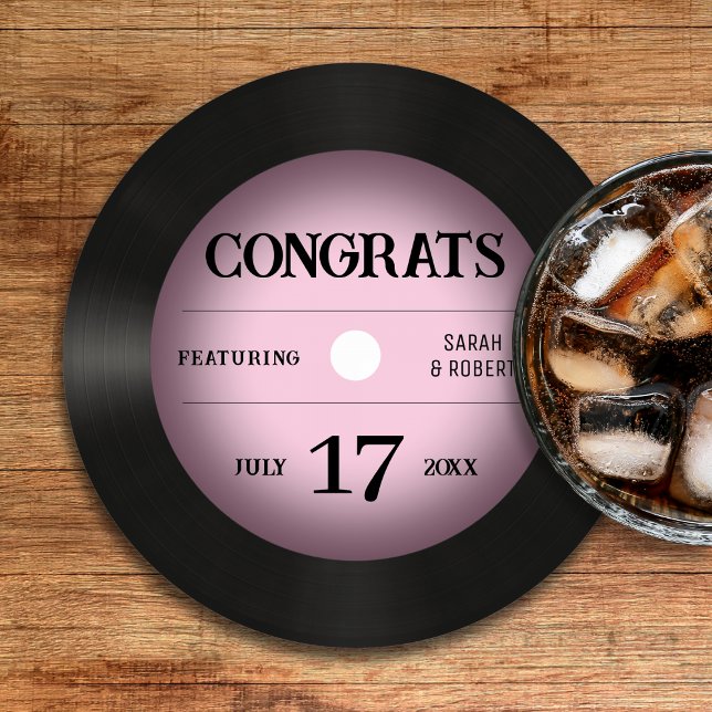 Retro Pink Vinyl Record Wedding Congratulations Round Paper Coaster (Retro Pink Vinyl Record Wedding Congratulations Round Paper Coaster
)