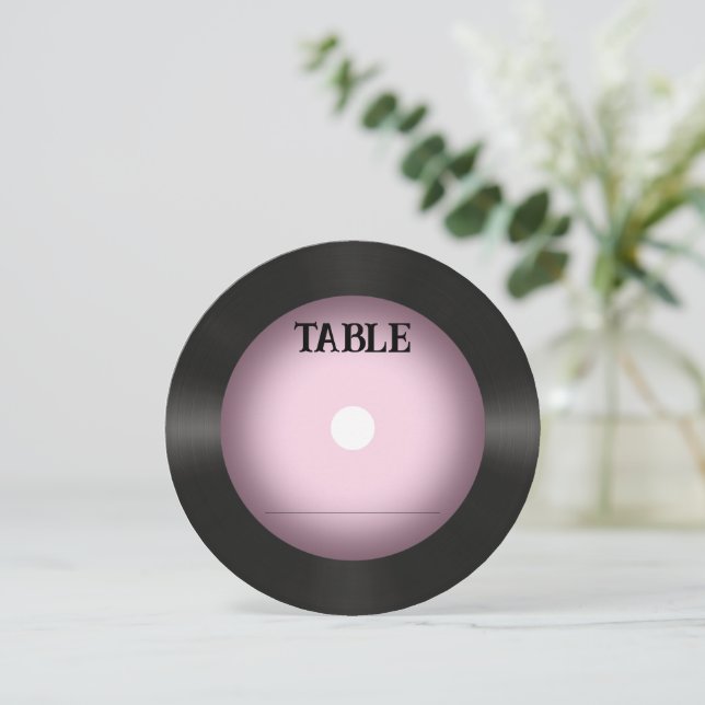 Retro Pink Vinyl Record Wedding Place Card (Standing Front)