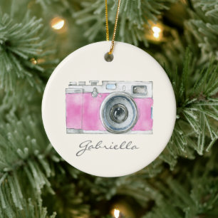 Retro Pink Watercolor Camera Personalized Ceramic Ornament