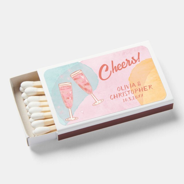 Retro Pink Watercolor Champagne Wedding Favor Matchboxes (Front Open)