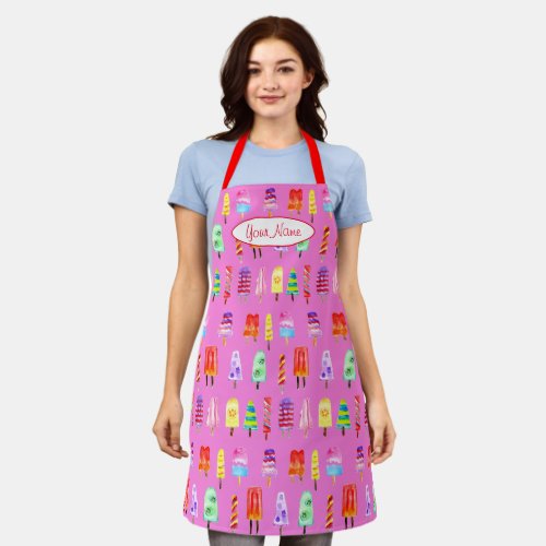 Retro Pink Watercolor Popsicles Summer Pattern Apron