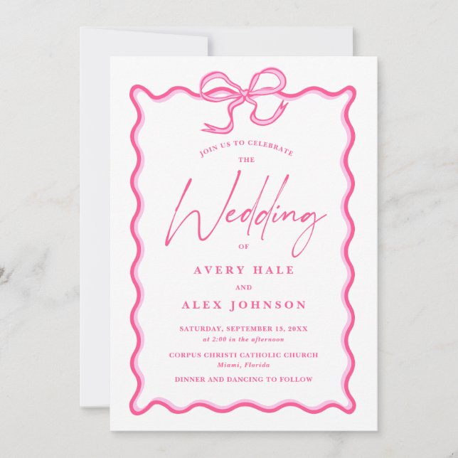 Retro Pink Wave Picture Frame Squiggly Wedding Invitation (Front)