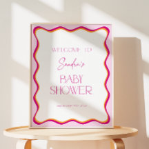 Retro Pink Wavy Border Baby Shower Welcome
