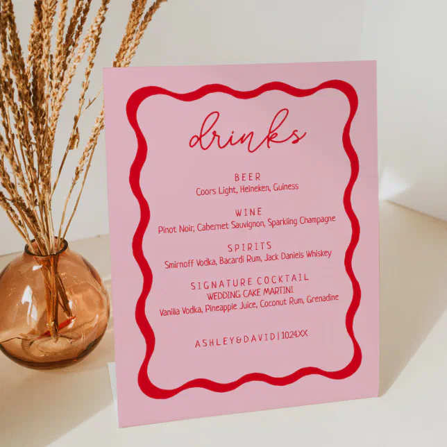 Menu Sign Pink Retro Pink Wavy Border Drinks Menu Pedestal Sign | Zazzle