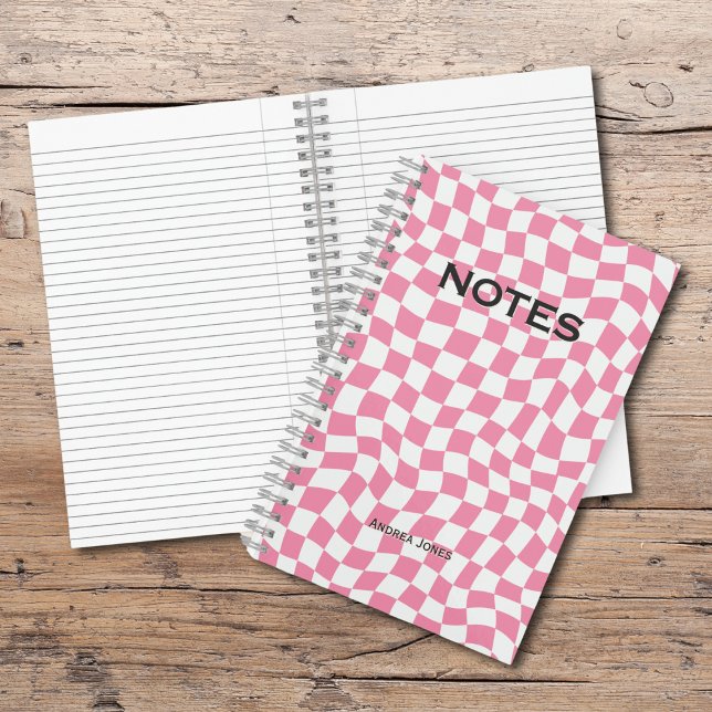 Retro Pink Wavy Check Monogrammed Name Notebook (Creator Uploaded)