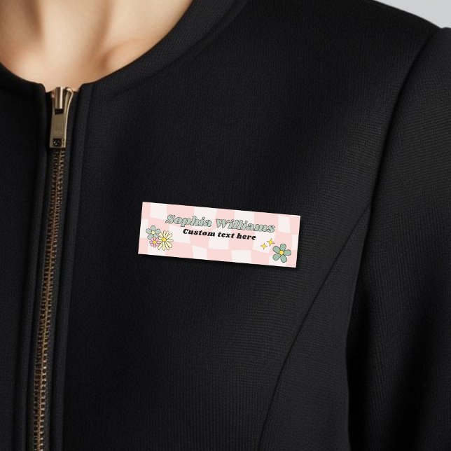 Retro Pink Wavy Checker  Name Tag (Creator Uploaded)