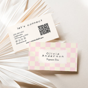 Retro Pink Wavy Checkered Girly Pastel QR Code Business Card
