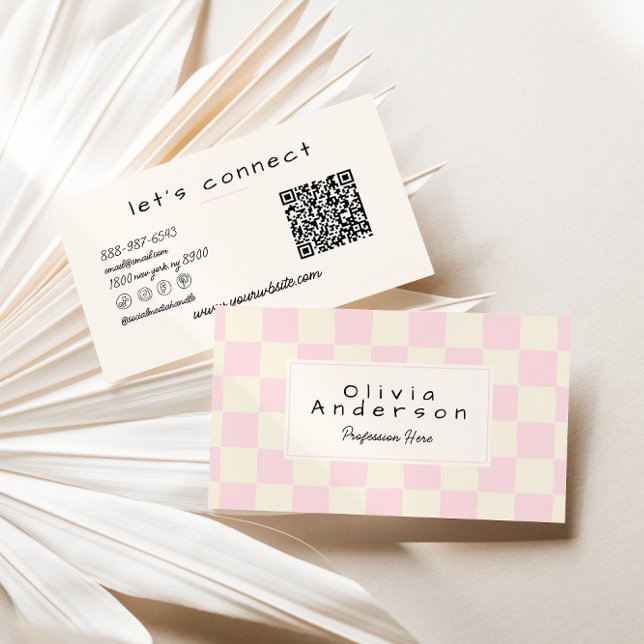 Retro Pink Wavy Checkered Girly Pastel QR Code Business Card (Creator Uploaded)