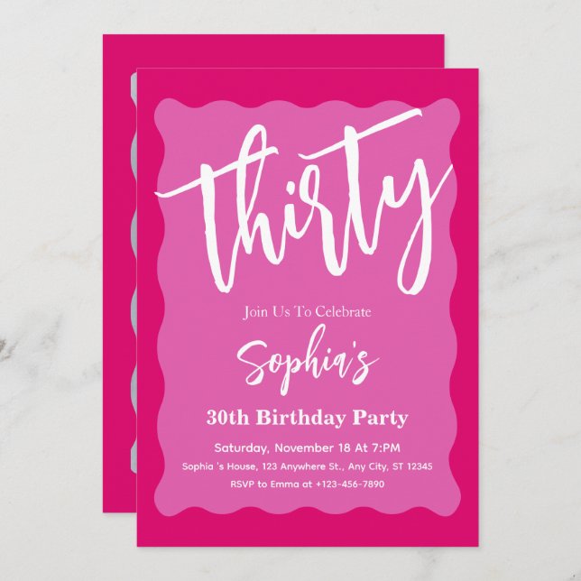 Retro Pink Wavy Curve Modern 30th Birthday Party Invitation (Front/Back)
