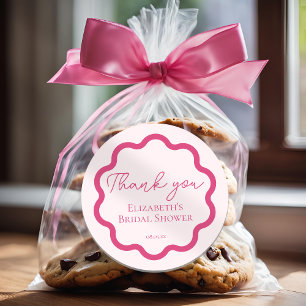 Retro Pink Wavy Scalloped Circle Script Thank You Classic Round Sticker