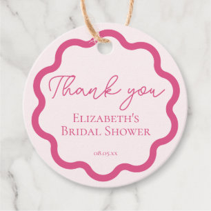 Retro Pink Wavy Scalloped Circle Script Thank You Favor Tags