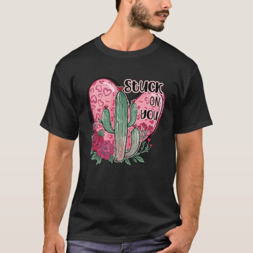 Retro Pink Western Desert Valentines Day Cactus H T_Shirt