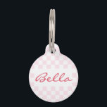 Retro Pink White Checkered Cat Kitty Dog Pup Name Pet ID Tag<br><div class="desc">Create your own custom, personalized, classy elegant dark pink typography script custom name at front and back, and retro cool chic stylish geometric trendy light pink checkered chequered checks checkers pattern background, , durable, 100% recycled steel, pet dog cat doggy puppy kitten kitty ID name tag. Simply enter your pet's...</div>