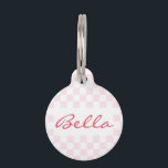 Retro Pink White Checkered Cat Kitty Dog Pup Name Pet ID Tag<br><div class="desc">Create your own custom, personalized, classy elegant dark pink typography script custom name at front and back, and retro cool chic stylish geometric trendy light pink checkered chequered checks checkers pattern background, , durable, 100% recycled steel, pet dog cat doggy puppy kitten kitty ID name tag. Simply enter your pet's...</div>
