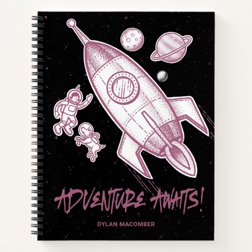 Retro Pink White Space Travel Rocket Astronaut Notebook