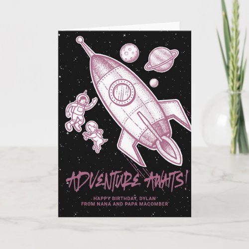 Retro Pink White Space Travel Rocket Birthday Card
