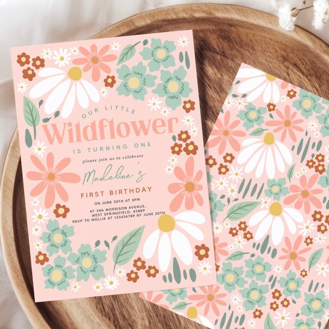 Retro Pink Wildflower Daisy Kids Birthday Invitation (Creator Uploaded)