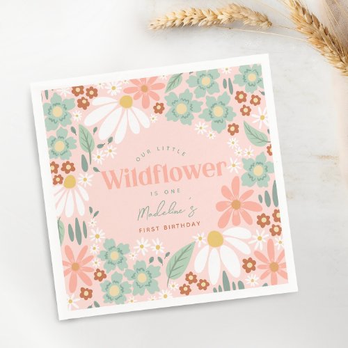 Retro Pink Wildflower Daisy Kids Birthday Napkins