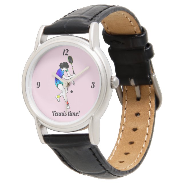 Retro Pink Women's Tennis Player With Text Watch (Angled)