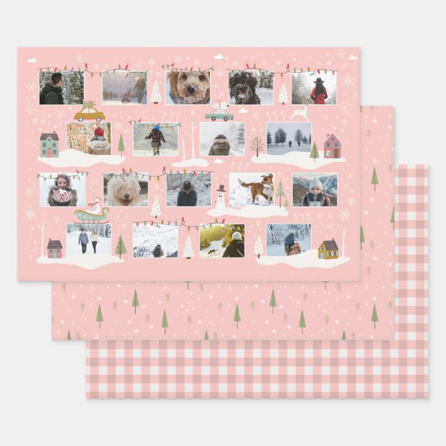 Retro Pink Woodland Scene Custom Photos Christmas Wrapping Paper Sheets (Set)
