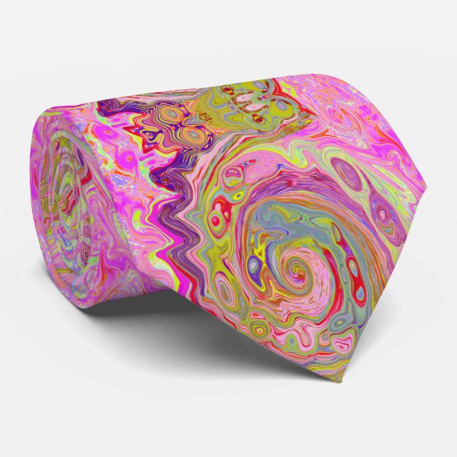 Retro Pink, Yellow and Magenta Abstract Groovy Art Neck Tie (Rolled)