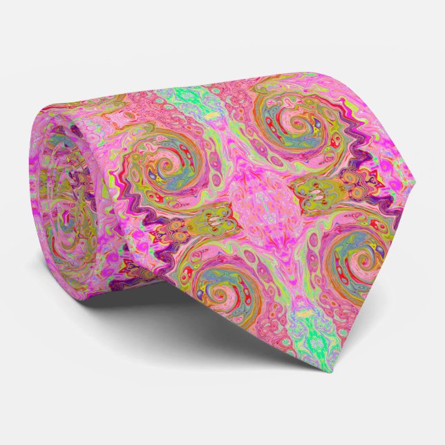 Retro Pink, Yellow and Magenta Abstract Groovy Art Neck Tie (Rolled)