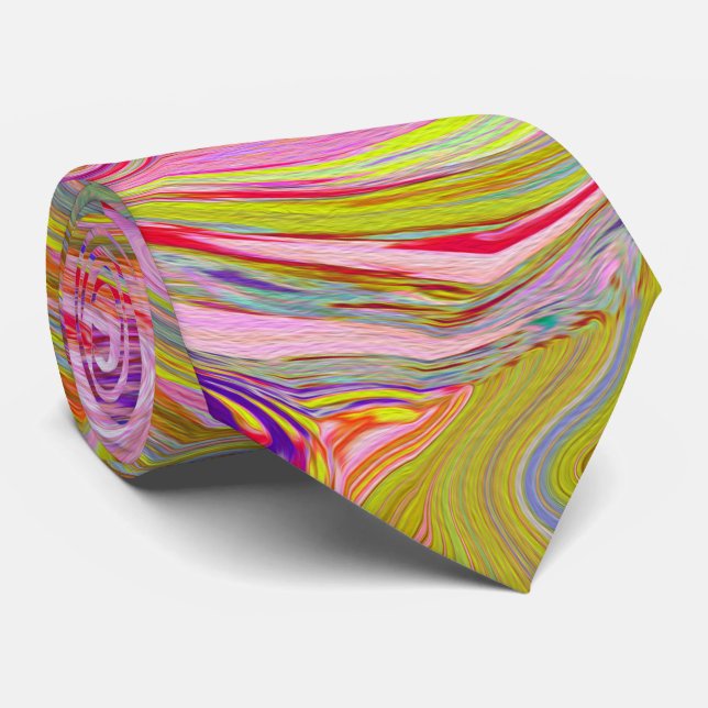 Retro Pink, Yellow and Magenta Abstract Groovy Art Neck Tie (Rolled)