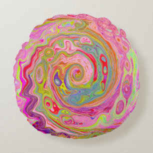 Retro Pink, Yellow and Magenta Abstract Groovy Art Round Pillow