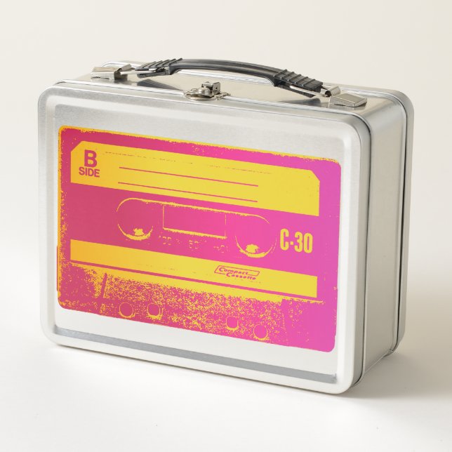 Retro Pink & Yellow Cassette Tape Metal Lunch Box (Front)
