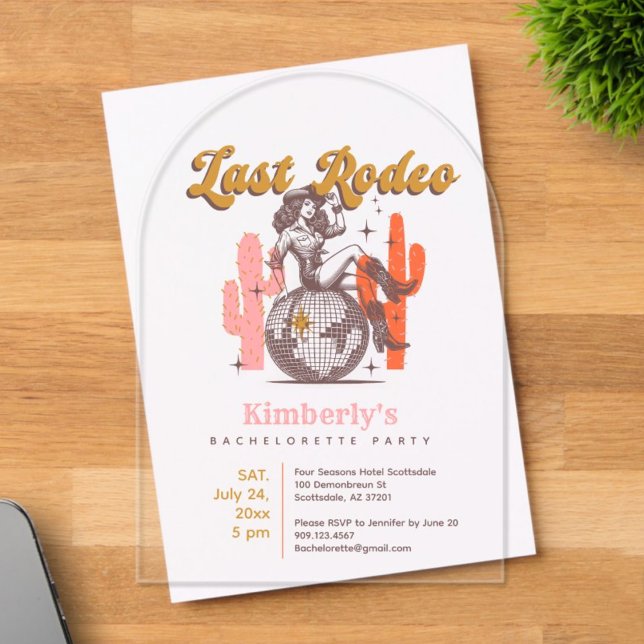 Retro Pink Yellow Cowgirl Last Disco Nash Bash Acrylic Invitations (Creator Uploaded)