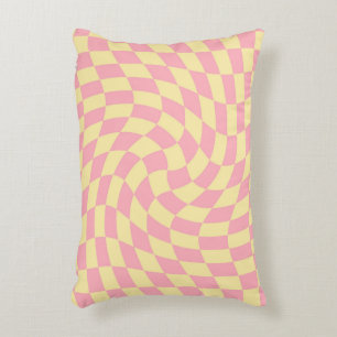 Retro Pink Yellow Dorm Warped Check Checkered Accent Pillow