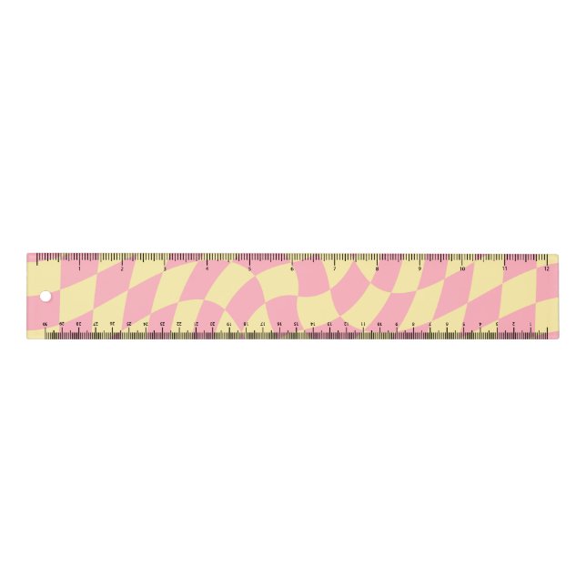 Retro Pink Yellow Dorm Warped Check Checkered  Ruler (Front)