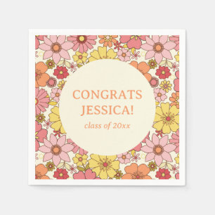 Retro Pink Yellow Floral Groovy Graduation Party Napkins