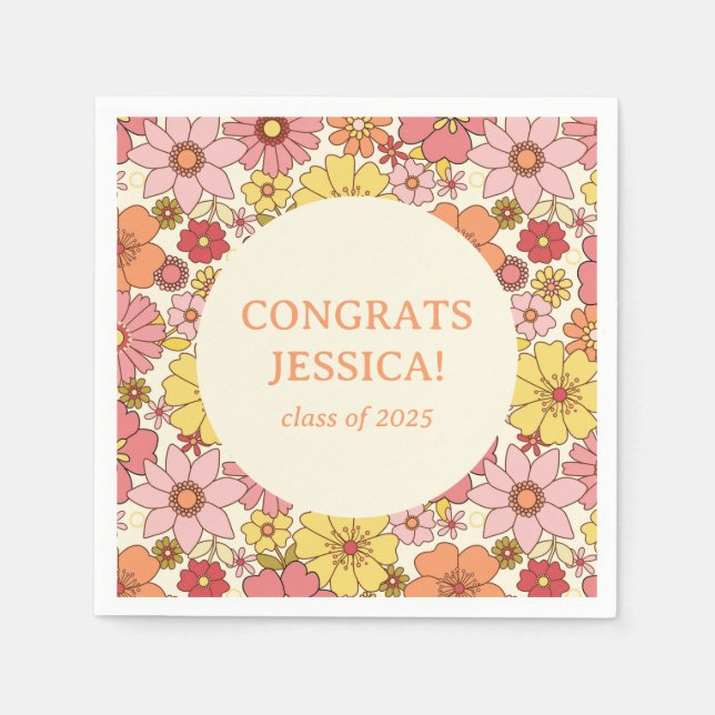 Retro Pink Yellow Floral Groovy Graduation Party Napkins (Front)