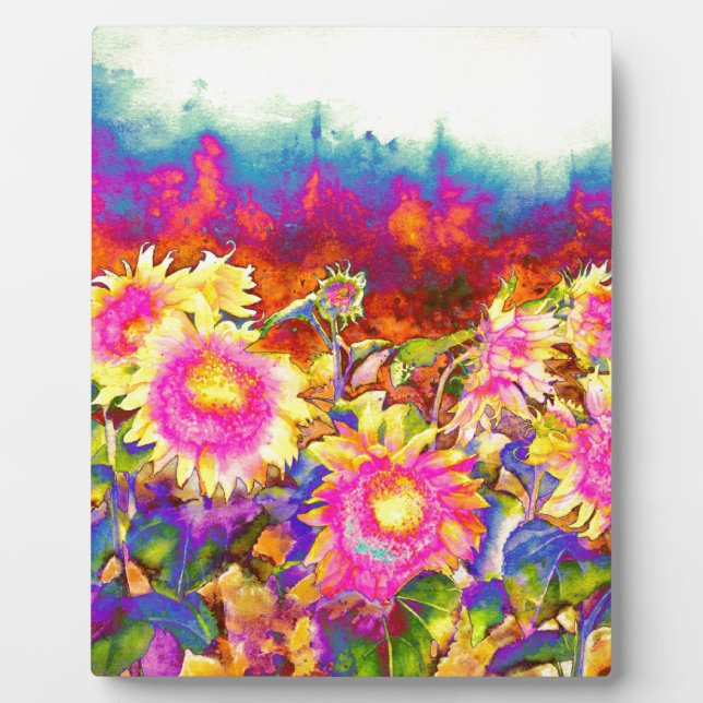 Retro pink yellow florals Sunflower Fields Plaque (Front)